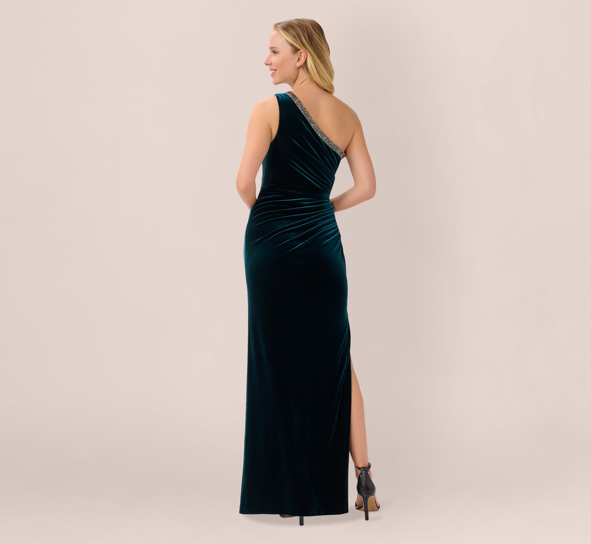 Velvet One Shoulder Gown With Beaded Neckline In Hunter Adrianna