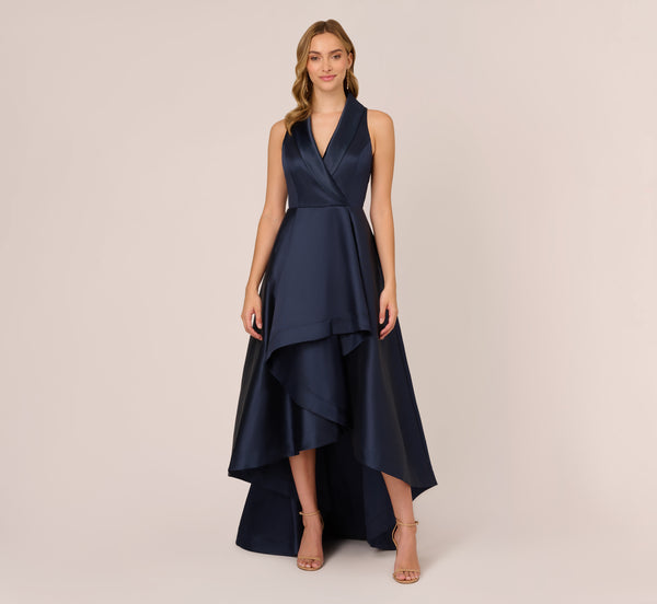 Mikado High Low Midi Length Tuxedo Gown In Midnight Adrianna