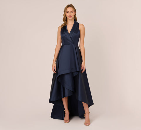 Mikado High/Low Midi-Length Tuxedo Gown In Midnight – Adrianna Papell