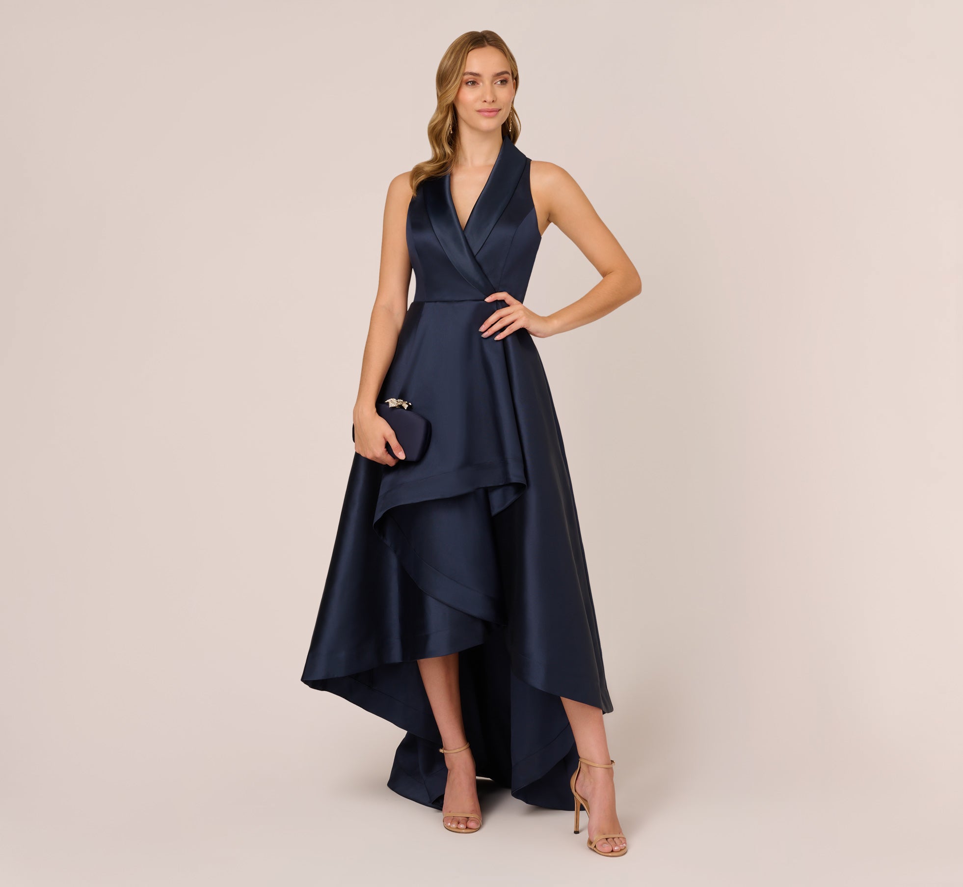 Mikado High Low Midi Length Tuxedo Gown In Midnight Adrianna