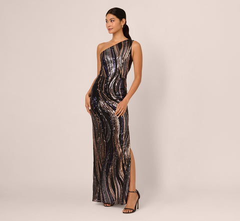 One Shoulder Abstract Sequin Gown In Black Multi