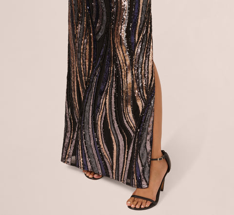 One Shoulder Abstract Sequin Gown In Black Multi