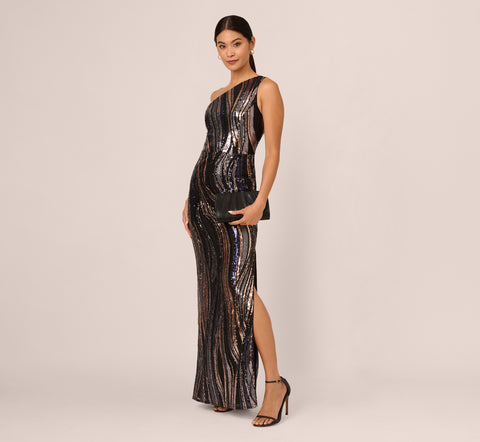 One Shoulder Abstract Sequin Gown In Black Multi