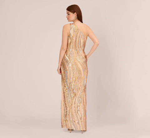 One Shoulder Abstract Sequin Gown In Champagne Gold Multi