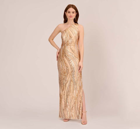 One Shoulder Abstract Sequin Gown In Champagne Gold Multi