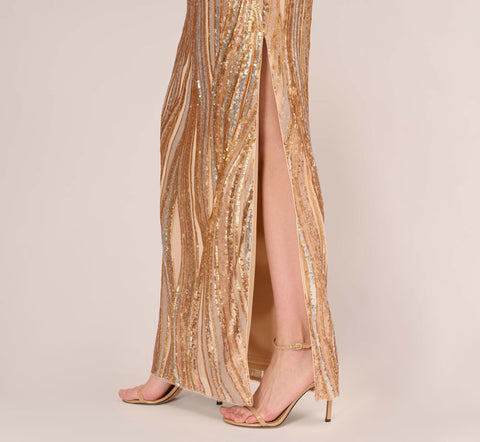 One Shoulder Abstract Sequin Gown In Champagne Gold Multi