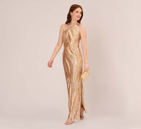 One Shoulder Abstract Sequin Gown In Champagne Gold Multi