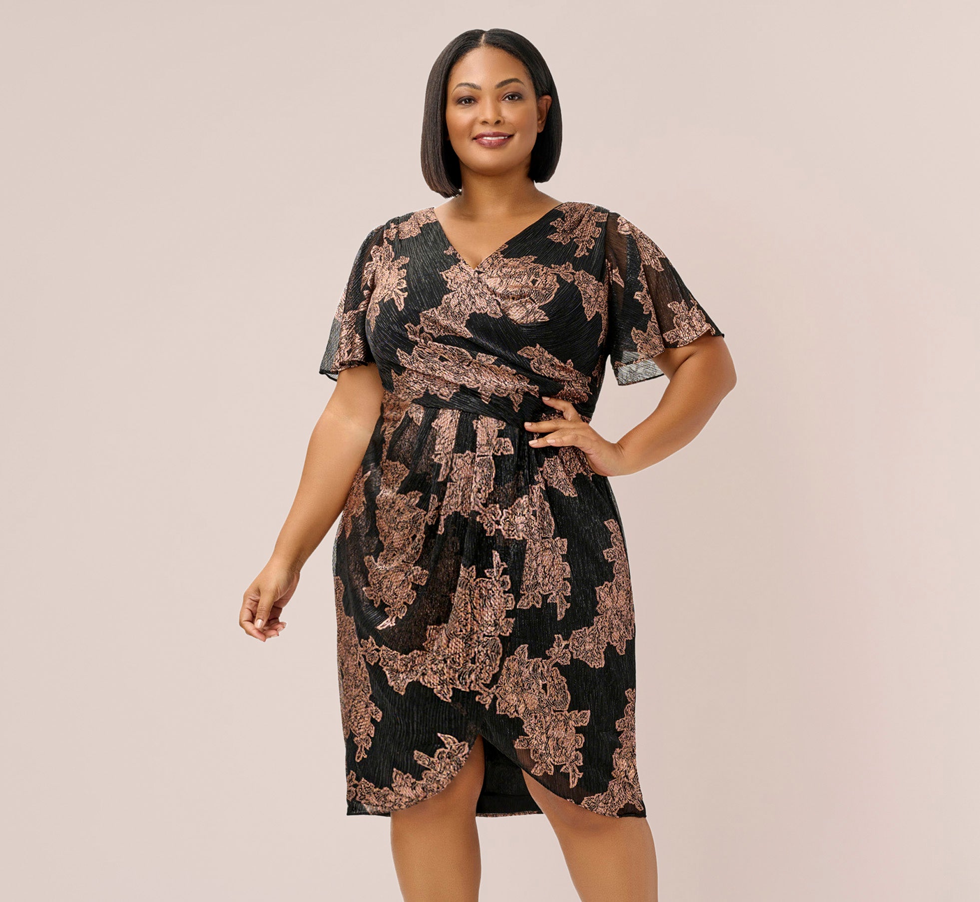 Plus Size Metallic Foil Crinkled Mesh Midi-Length Wrap Dress In Rose Gold Black 1