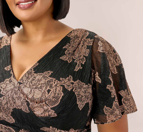 Plus Size Metallic Foil Crinkled Mesh Midi-Length Wrap Dress In Rose Gold Black