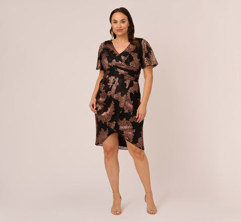 Plus Size Metallic Foil Crinkled Mesh Midi-Length Wrap Dress In Rose Gold Black