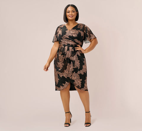 Plus Size Metallic Foil Crinkled Mesh Midi-Length Wrap Dress In Rose Gold Black