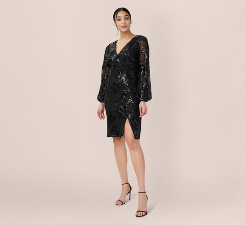 Floral Sequin Sheath Dress With Sheer Long Sleeves In Black