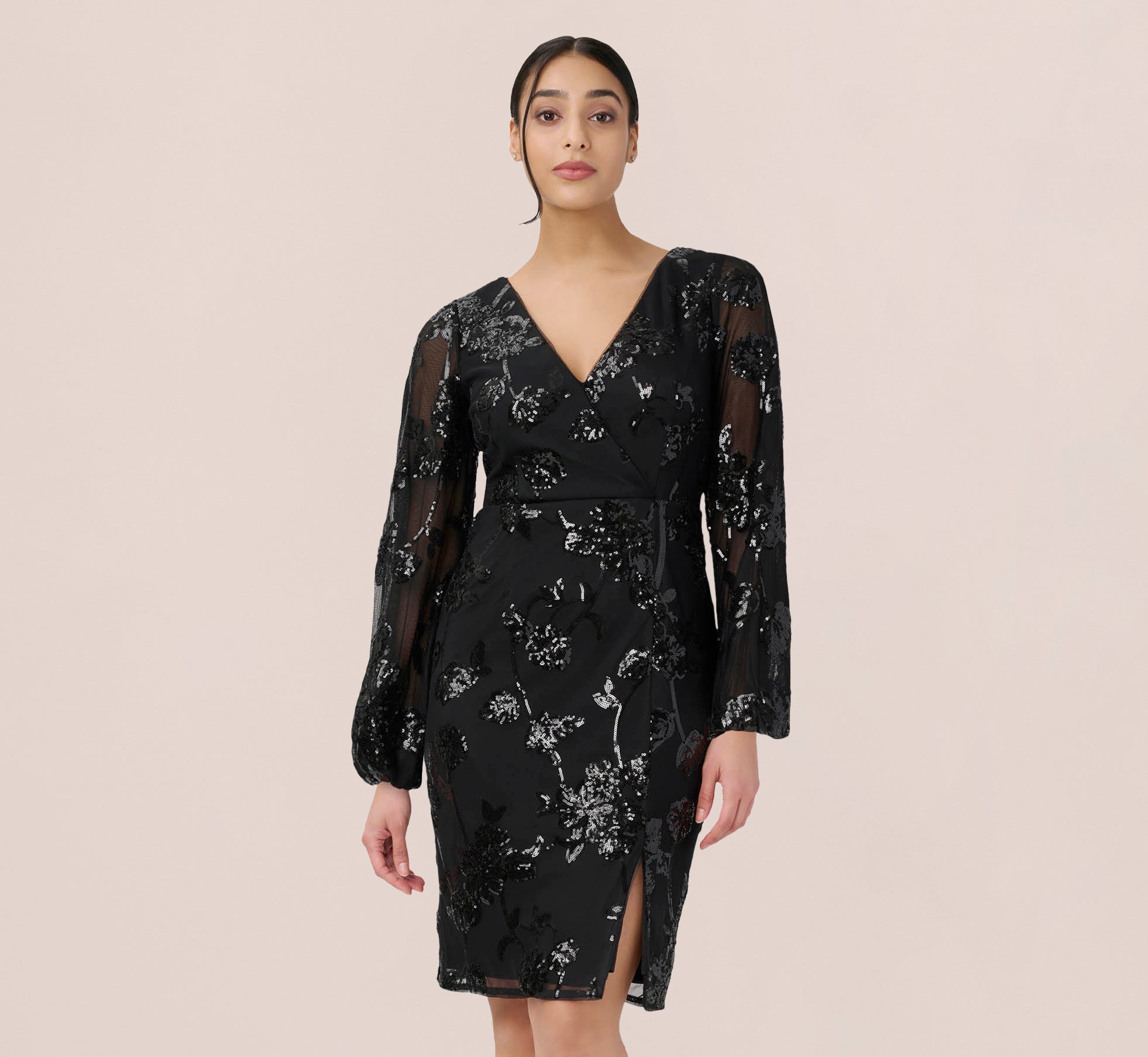 Floral Sequin Sheath Dress With Sheer Long Sleeves In Black 1