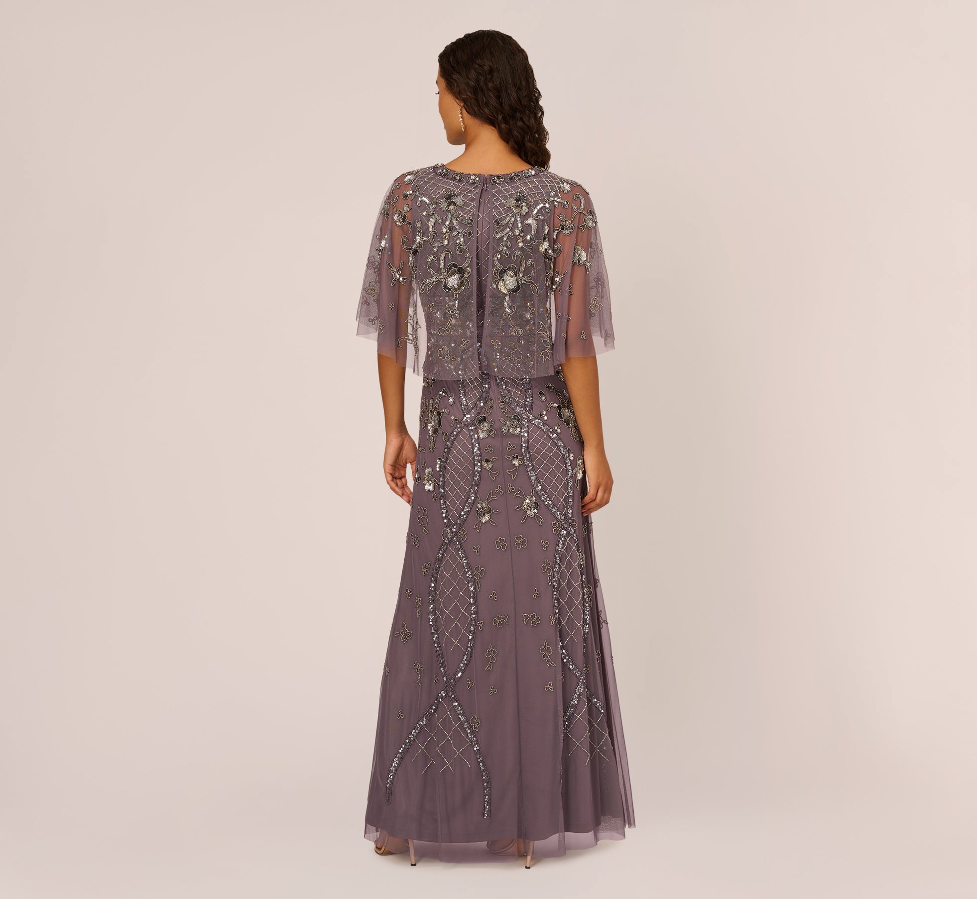 Sequin Beaded Gown With Sheer Cape Sleeves In Moonscape Adrianna