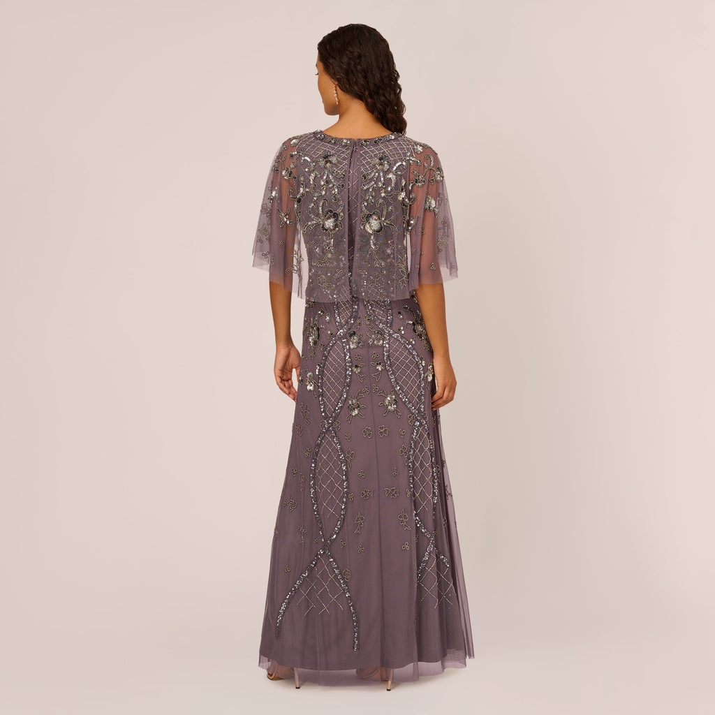 Sequin Beaded Gown With Sheer Cape Sleeves In Moonscape | Adrianna Papell