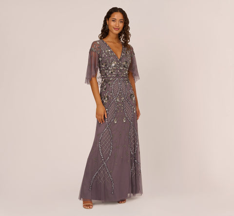 Sequin Beaded Gown With Sheer Cape Sleeves In Moonscape