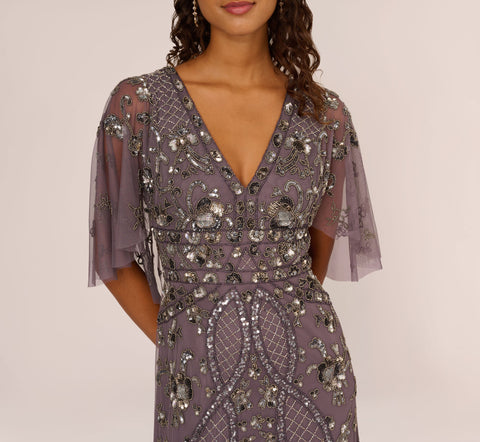 Sequin Beaded Gown With Sheer Cape Sleeves In Moonscape