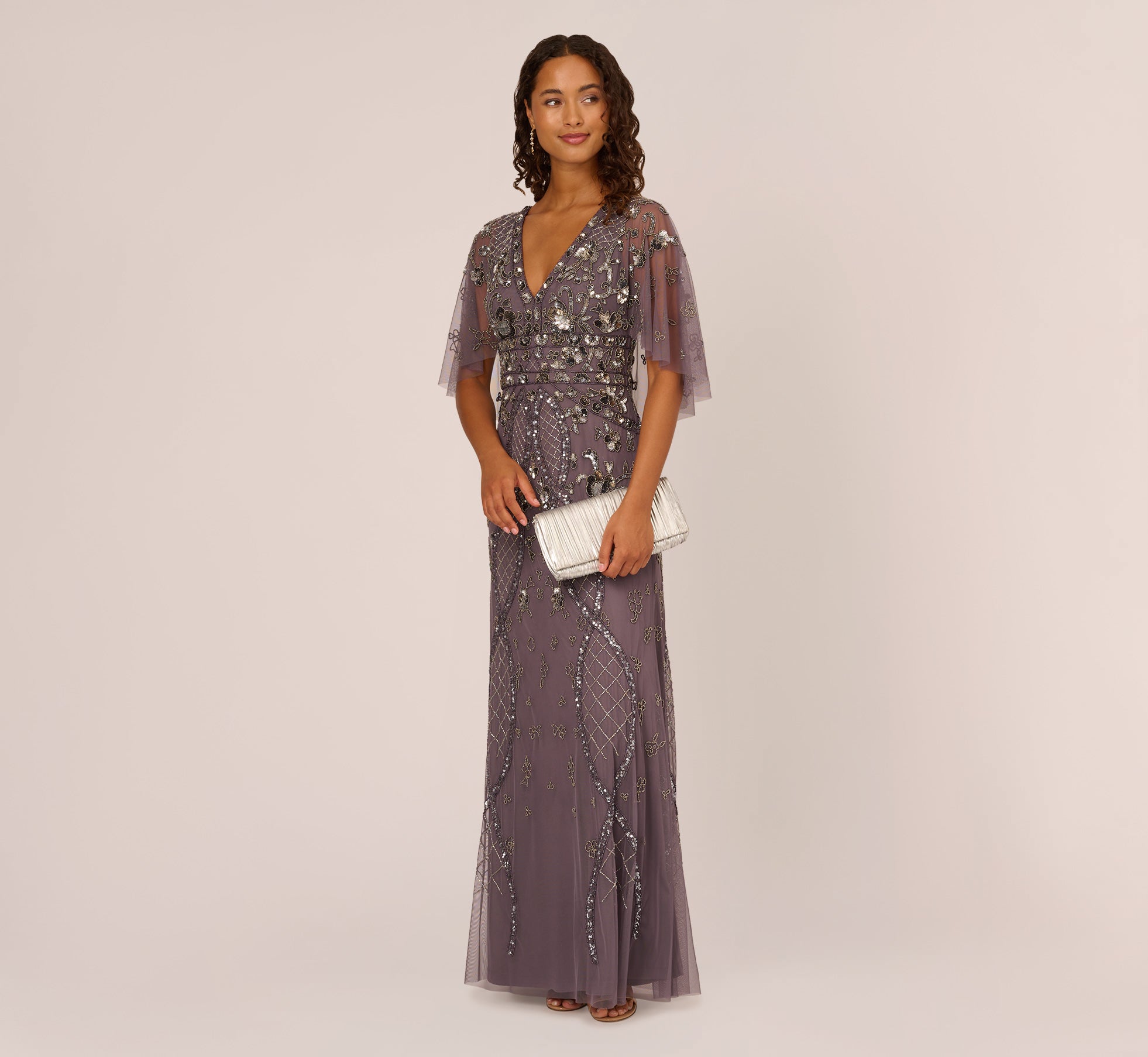 Sequin Beaded Gown With Sheer Cape Sleeves In Moonscape Adrianna