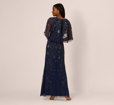 Sequin Beaded Gown With Sheer Cape Sleeves In Light Navy