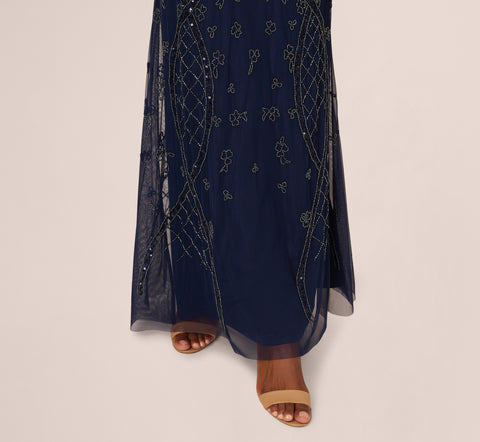 Sequin Beaded Gown With Sheer Cape Sleeves In Light Navy