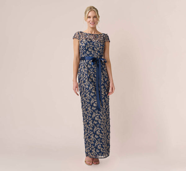 3D Metallic Floral Embroidered Mesh Column Gown In Navy