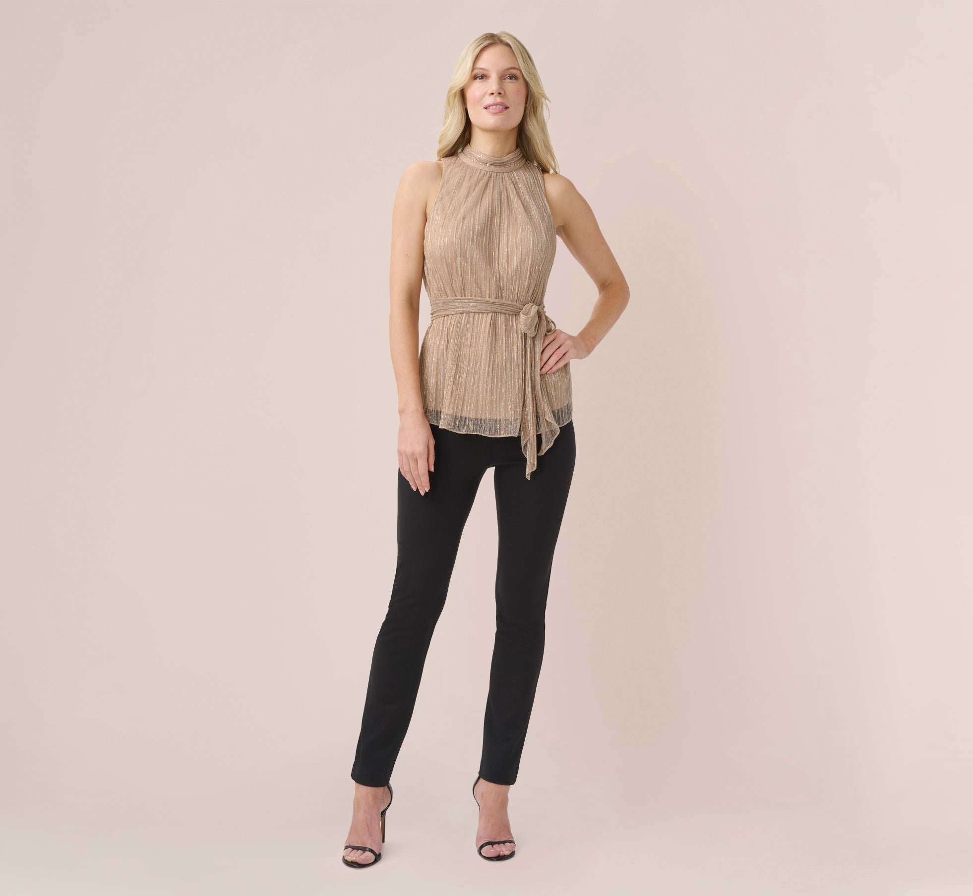 Metallic Crinkled Mesh Halter Top In Champagne Gold Adrianna Papell