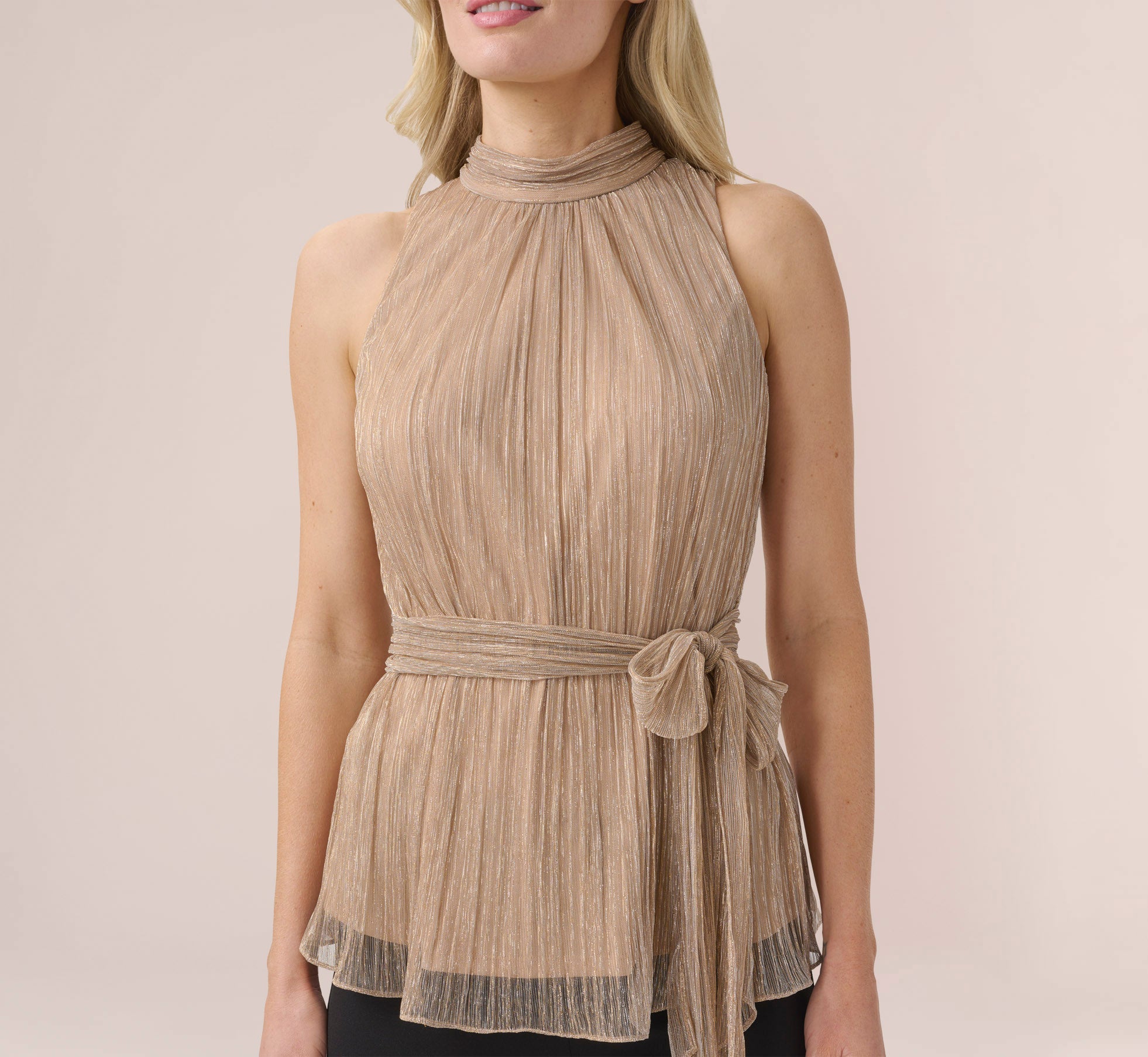 Metallic Crinkled Mesh Halter Top In Champagne Gold Adrianna Papell