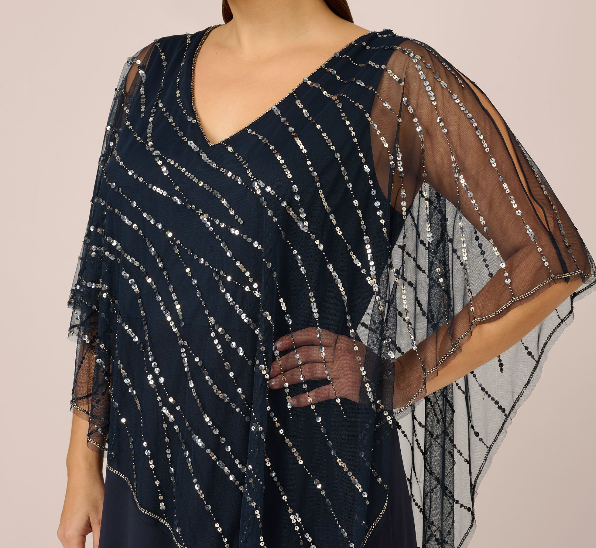 Plus Size Hand Beaded Popover Long Dress In Midnight Adrianna Papell