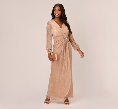 Metallic Crinkled Mesh Draped Long Gown In Light Gold