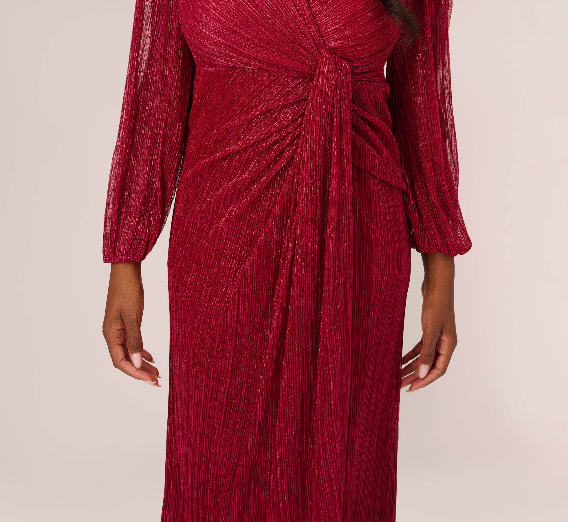 Metallic Crinkled Mesh Draped Long Gown In Scarlet Adrianna Papell