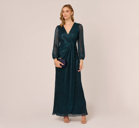 Metallic Crinkled Mesh Draped Long Gown In Teal Sapphire