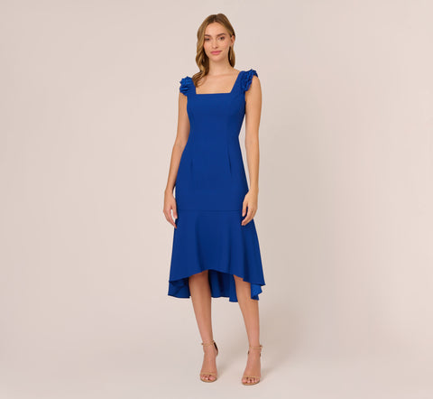 Ruffled Satin Crepe Midi-Length High/Low Cocktail Mermaid Dress In Violet Cobalt