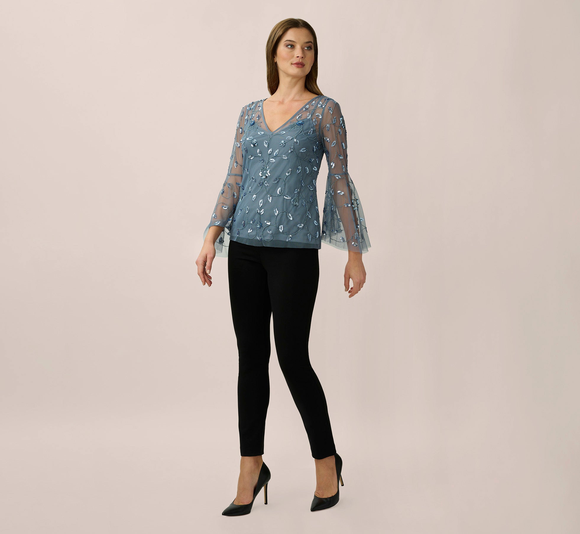 Hand-Beaded Illusion Top In Dusty Blue | Adrianna Papell