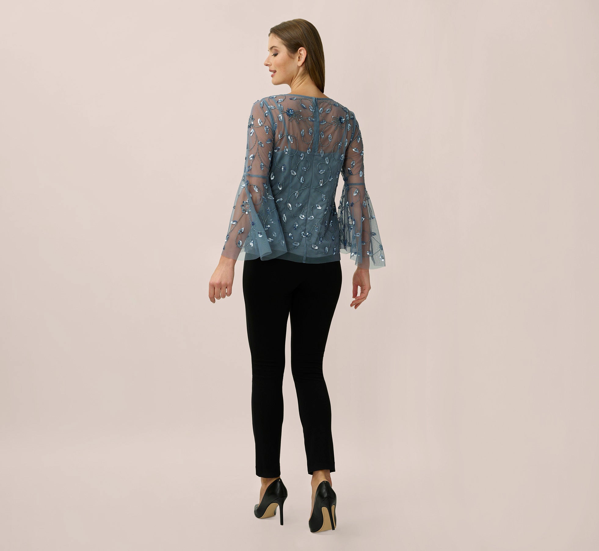 Hand Beaded Illusion Top In Dusty Blue Adrianna Papell