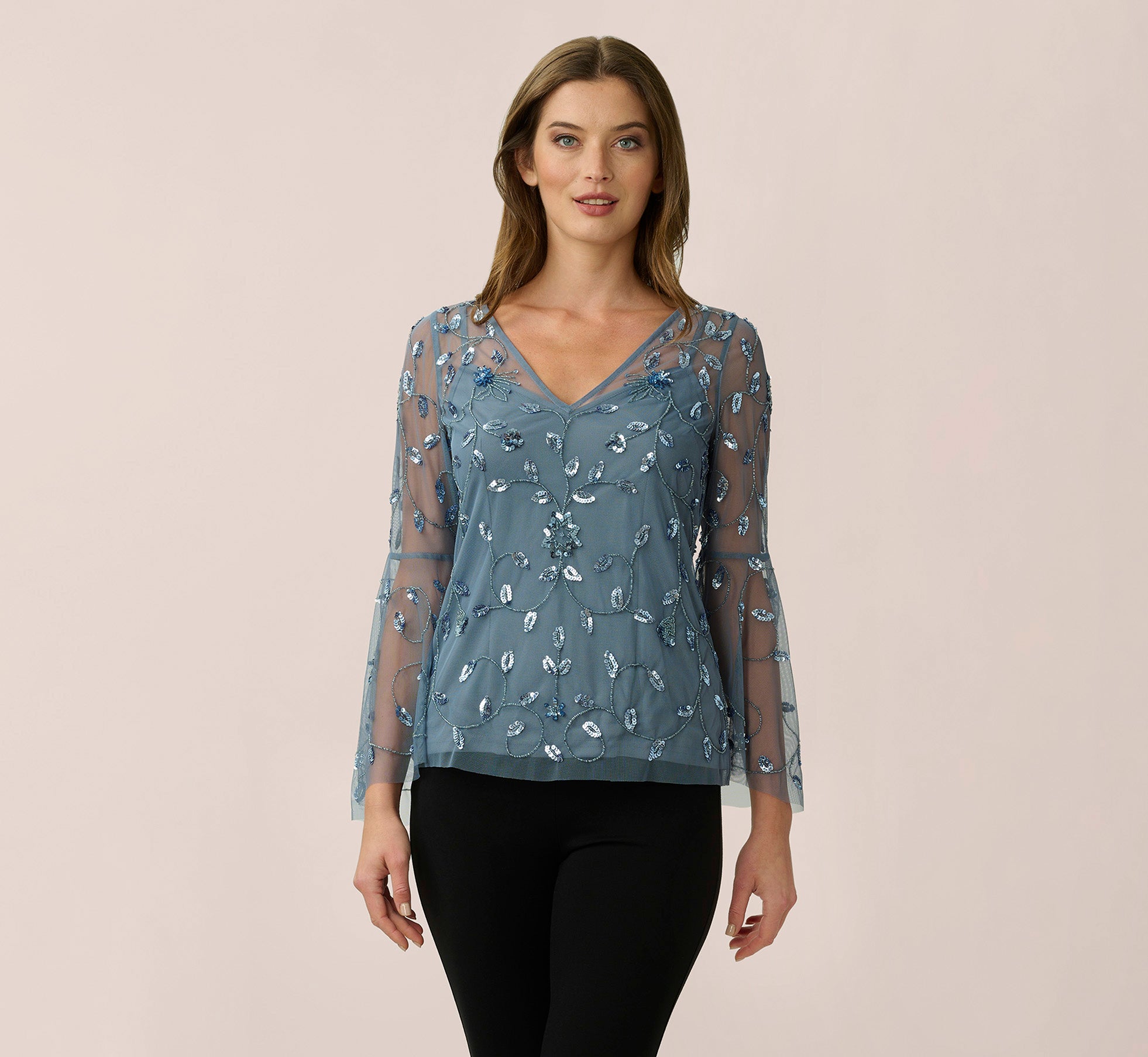 Hand Beaded Illusion Top In Dusty Blue Adrianna Papell