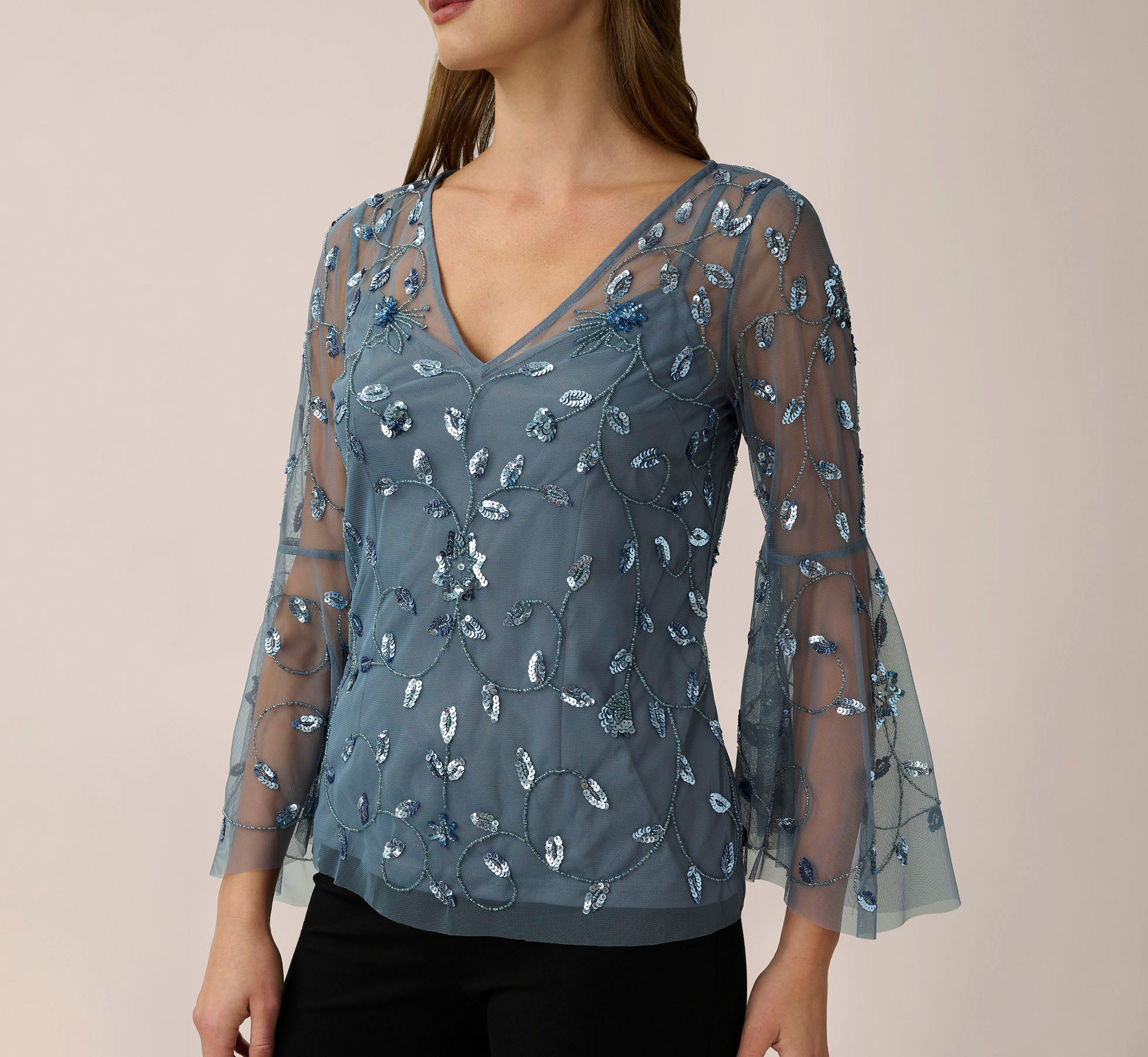 Hand Beaded Illusion Top In Dusty Blue Adrianna Papell