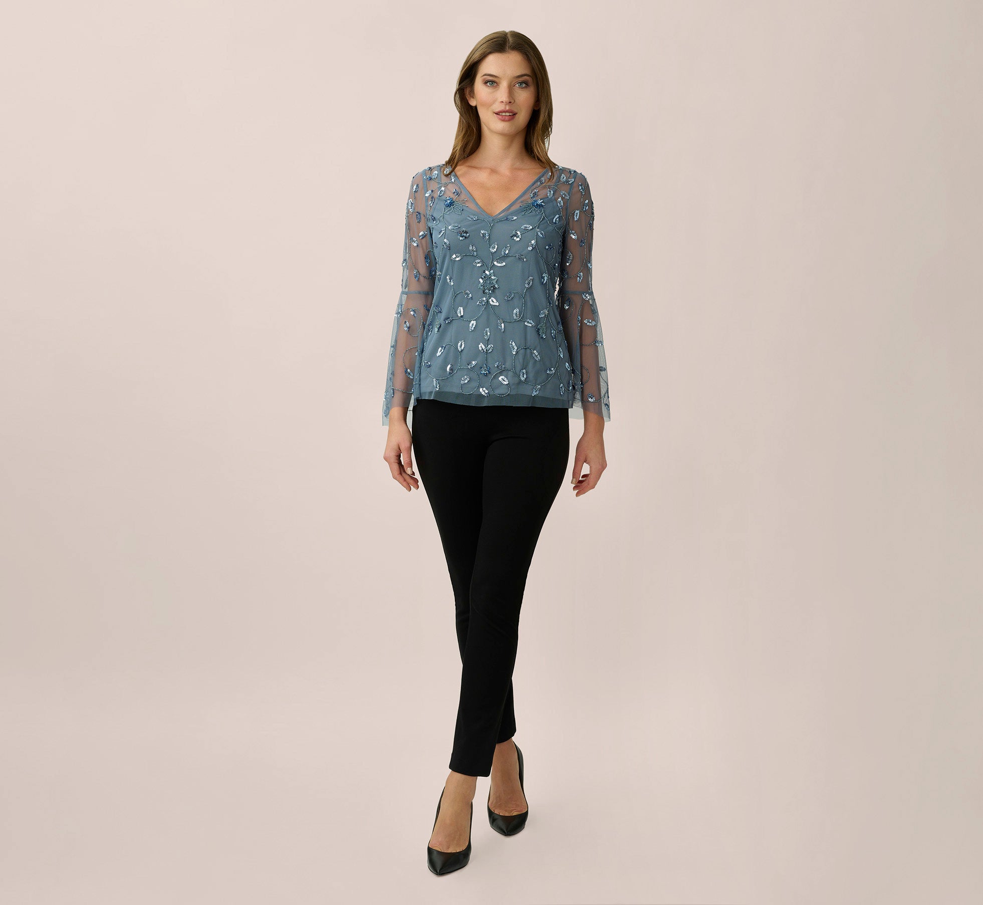 Hand Beaded Illusion Top In Dusty Blue Adrianna Papell