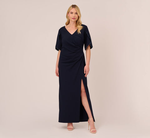 Plus Size Crepe Mermaid Gown With Pearl Trim Short Sleeves In Midnight