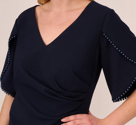 Plus Size Crepe Mermaid Gown With Pearl Trim Short Sleeves In Midnight