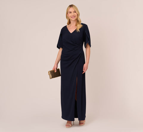 Plus Size Crepe Mermaid Gown With Pearl Trim Short Sleeves In Midnight