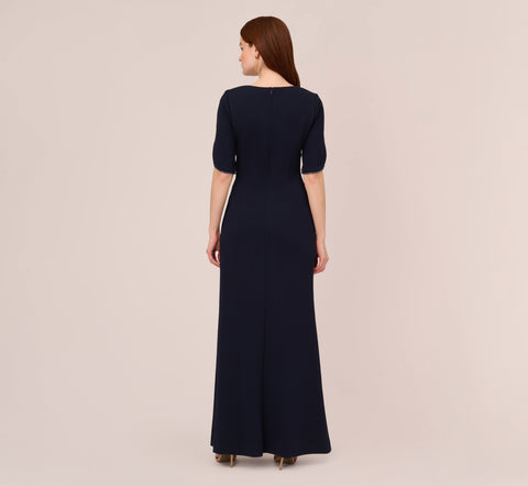 Crepe Mermaid Gown With Pearl Trim Short Sleeves In Midnight