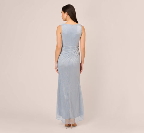 Metallic Mesh Faux Wrap Gown With Ruffle Accents In Sky Blue