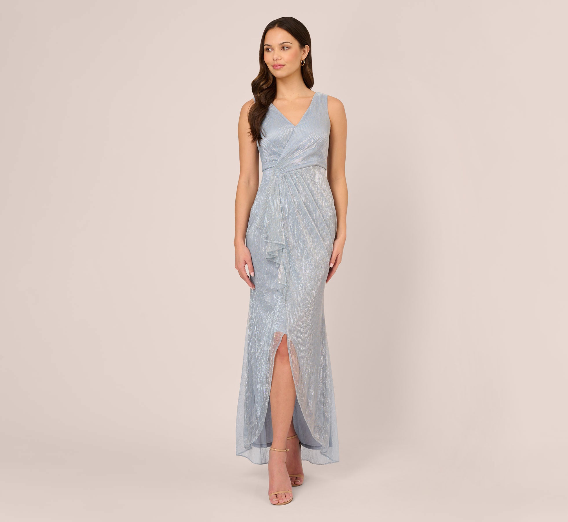 Metallic Mesh Faux Wrap Gown With Ruffle Accents In Sky Blue 1