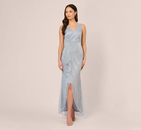 Metallic Mesh Faux Wrap Gown With Ruffle Accents In Sky Blue