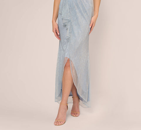 Metallic Mesh Faux Wrap Gown With Ruffle Accents In Sky Blue