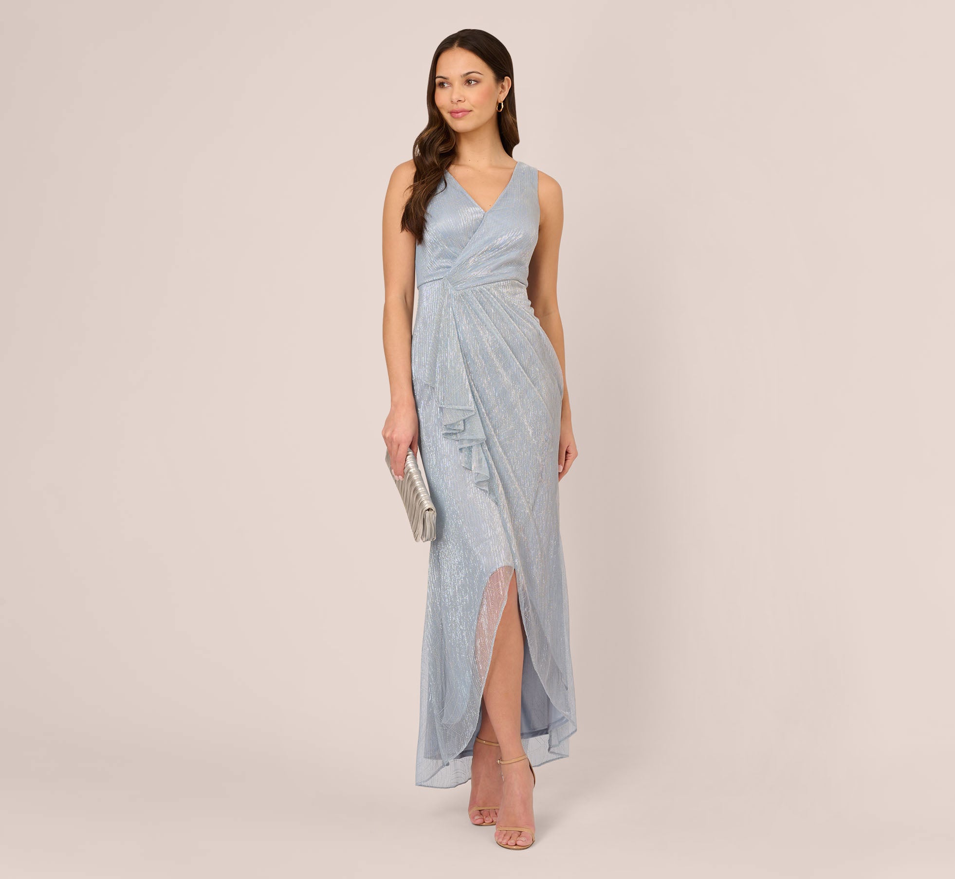 Metallic Mesh Faux Wrap Gown With Ruffle Accents In Sky Blue