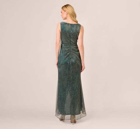 Metallic Mesh Faux Wrap Gown With Ruffle Accents In Evergreen