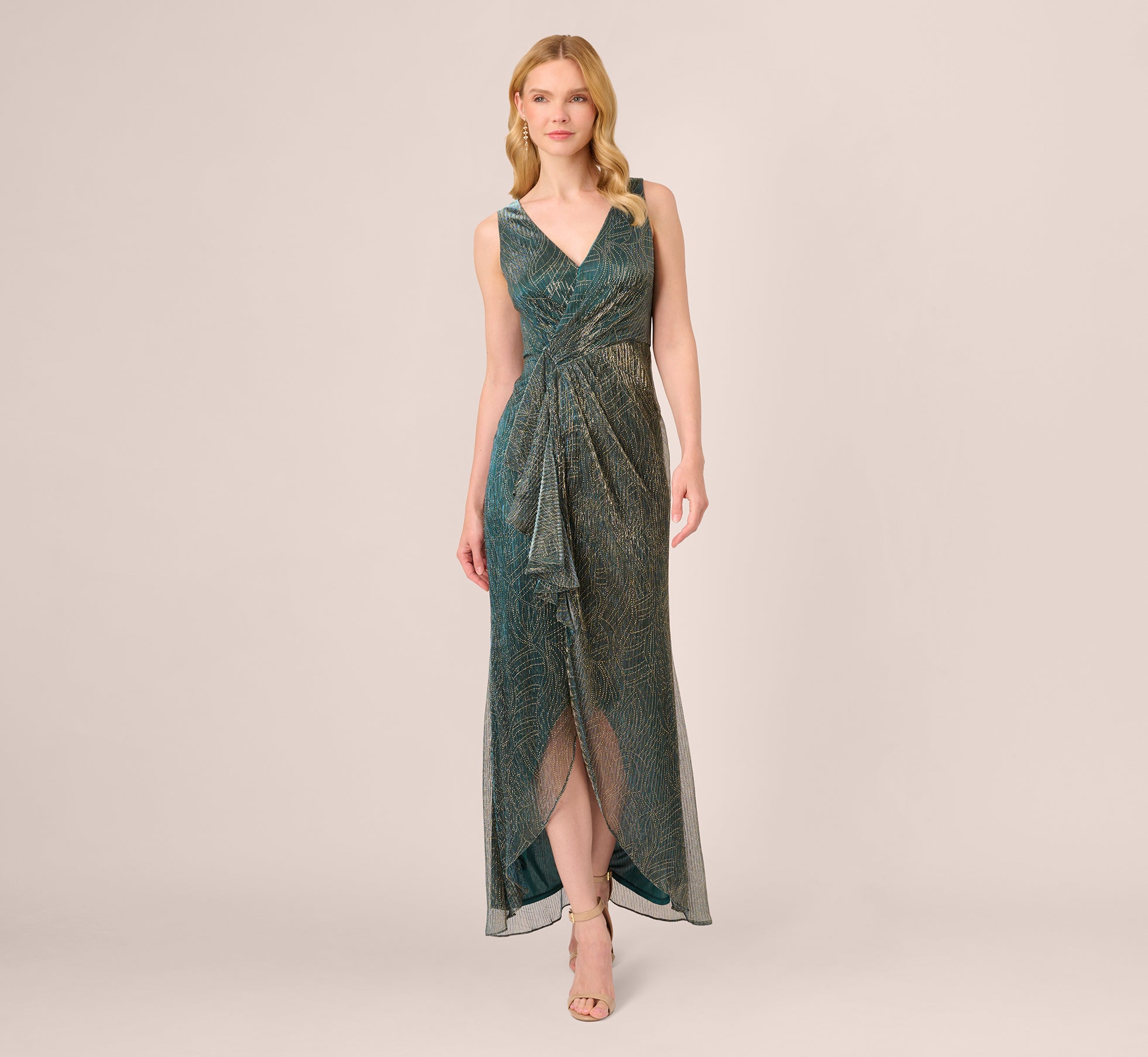 Metallic Mesh Faux Wrap Gown With Ruffle Accents In Evergreen