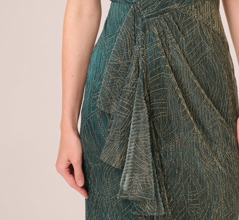 Metallic Mesh Faux Wrap Gown With Ruffle Accents In Evergreen