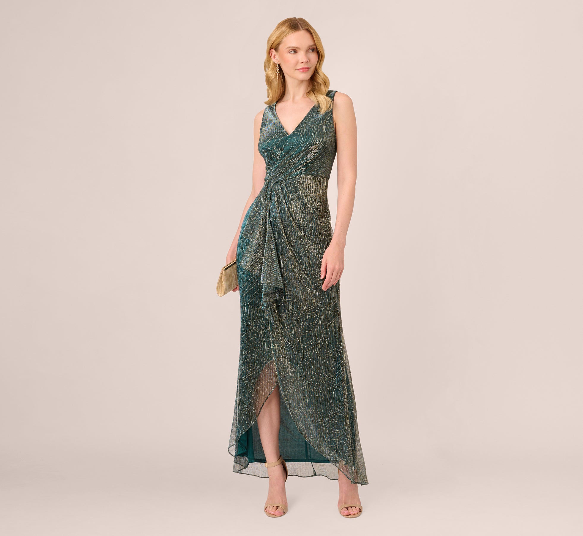 Metallic Mesh Faux Wrap Gown With Ruffle Accents In Evergreen Adrianna Papell